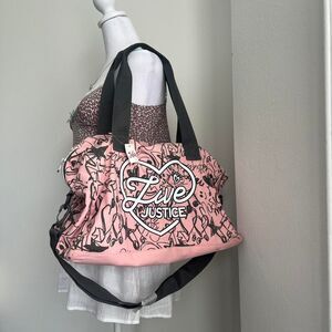 Justice duffle bag pink graffiti print heart logo